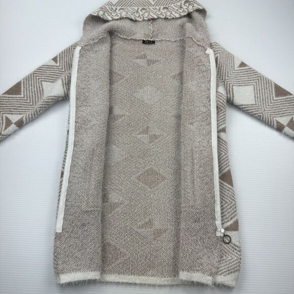 ZEVA Beige White Geometric Hooded Cardigan Sweater Coat Zip Front Pockets L - Picture 6 of 9